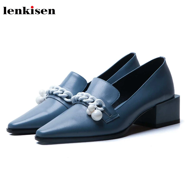 Lenkisen/Лидер продаж; модные лоферы из натуральной кожи с небольшим квадратным носком, украшенные цепочками, на среднем каблуке без шнуровки; Осенняя женская обувь для свиданий; L39