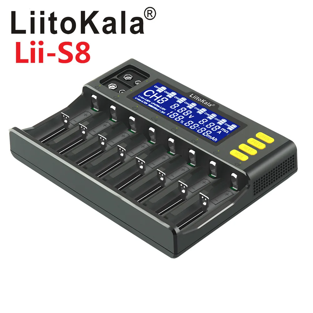 LiitoKala Lii S8 8 слотов ЖК зарядное устройство для Li Ion LiFePO4 Ni MH Cd 9 В 21700 20700 26650 18650 RCR123
