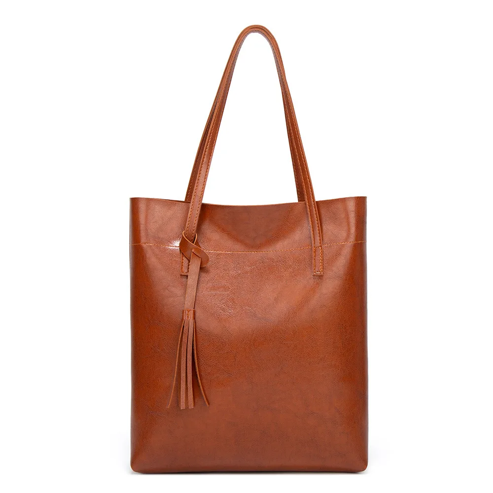 

Oil Wax Skin Soft Leather Handbag for Women Shoulder Bags Brand Luxury Tassel Bucket Bag Casual Ladies Handbags High Quality