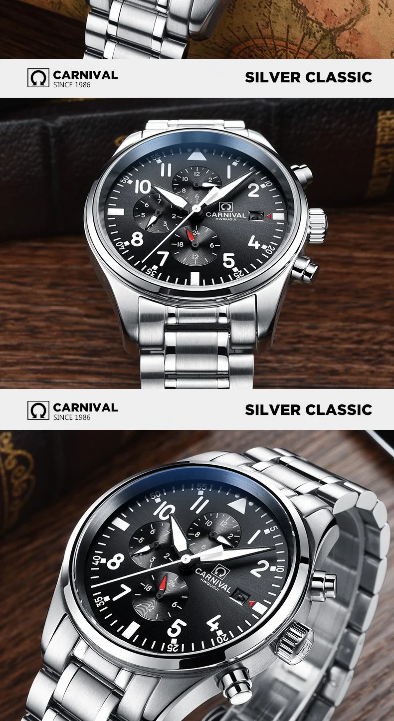 2022 Luxury Brand CARNIVAL Automatic Watch for Men Sapphire Calendar Luminous Stainless Steel Army waterproof Dive Men's Watches