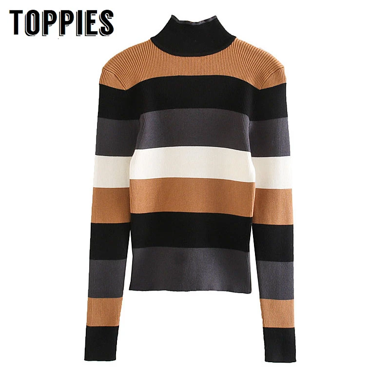 

Winter Slim Striped Sweater Women Pullovers High Stretch Knitted Tops Stand Collar Sweater Casual Jumpers
