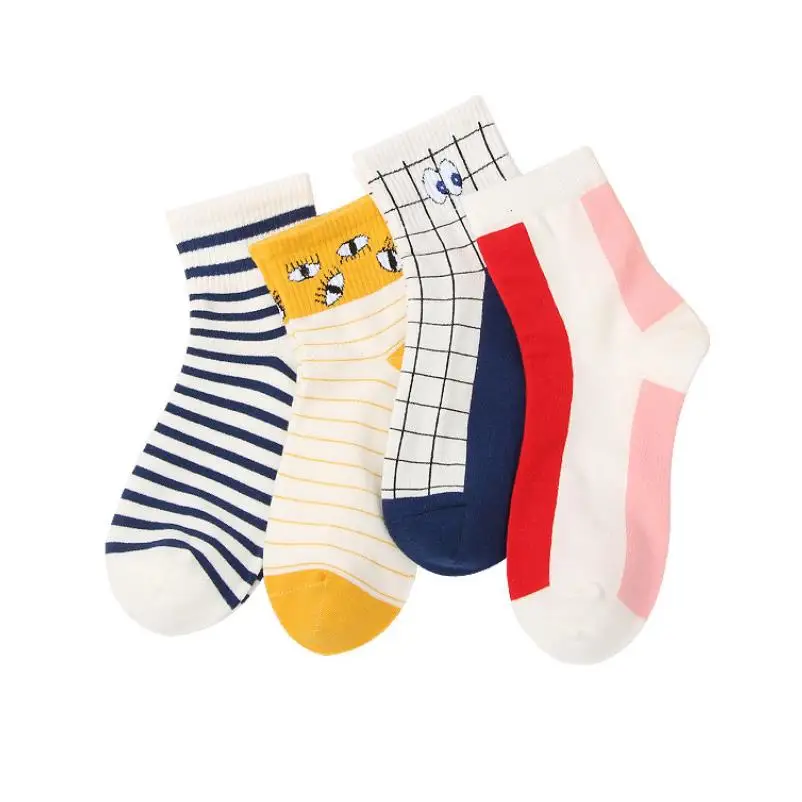 Женские однотонные хлопковые носки с полосками, в клетку, в полоску, с принтом глаз, короткие носки для девочек, теплые зимние короткие носки, 4 пар/лот