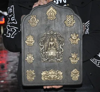 

Christmas 12" Tibet wood bronze eight treasures Dragon Sakyamuni statue Thangka Wall mount Halloween