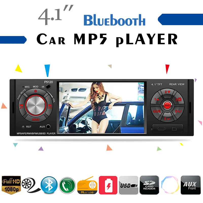4,1 дюймов 1 Din автомагнитола 7 цветов кнопка подсветки громкой связи BT/USB/TF/AUX Bluetooth аудио Автомобиль MP5 плеер стерео