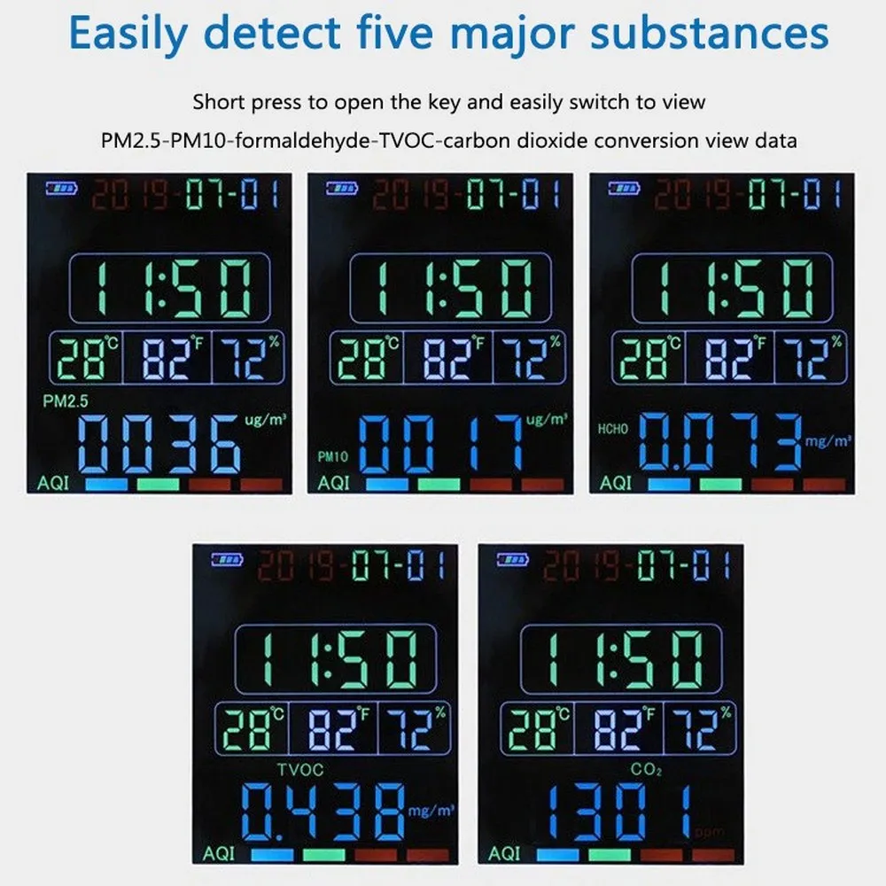 CO2 PM2.5 HCHO формальдегид частицы температура измеритель влажности детектор углекислого газа Большой ЖК-дисплей часы с подсветкой сигнализации