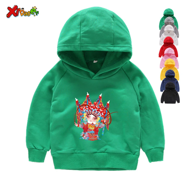 Beijing Opera Print Hoodies Girls Boys Chinese Retro Ethnic Style Hoodies Sweatshirts Cute Peking Drama Loose Sweatshirts - Цвет: Kids Hoodies