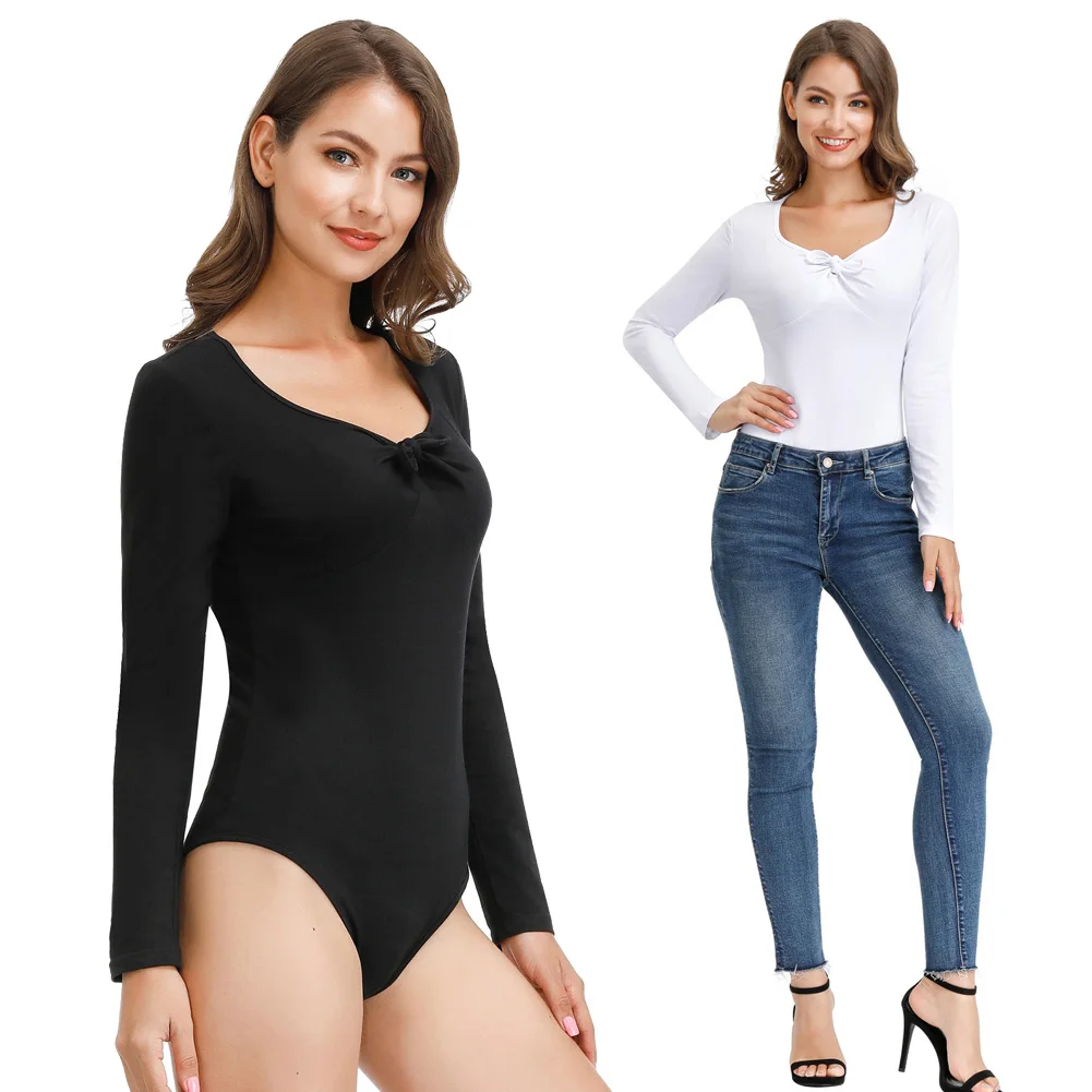 Women's bodysuit clothes summer autumn Bow-tie Decorated Bodysuit Long Sleeve Cotton Stretchy Retro Vintage solid fit overalls