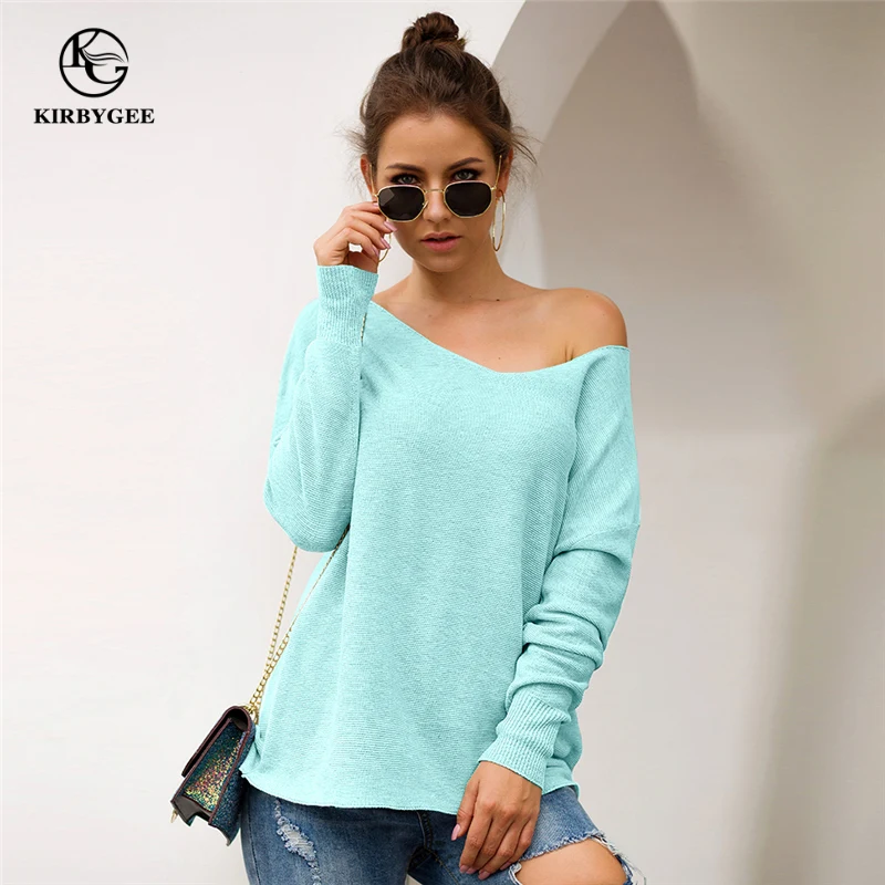 

KirbyGee 2019 Korean Off Shoulder Thin Jumpers Ladies Plus Size Long Sleeve Knitted Sweater Autumn Winter Casual Long Pullover