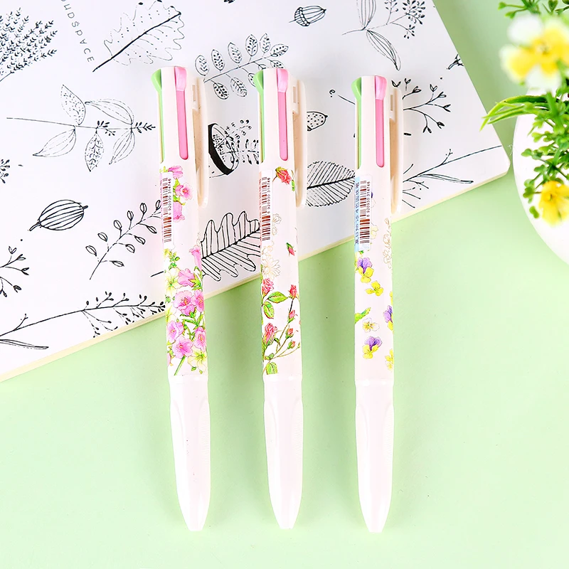 

3 pcs Aesthetic Flower Retractable Ballpoint Pen 4 Color Refill 0.5mm Smooth Creative Stationery Office School Supplies H6526