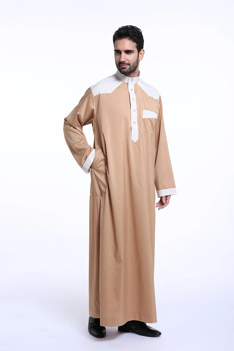 YYG Mens Contrast Color Pockets Arab Muslim Basic Thobe Zip-Up Long Shirts