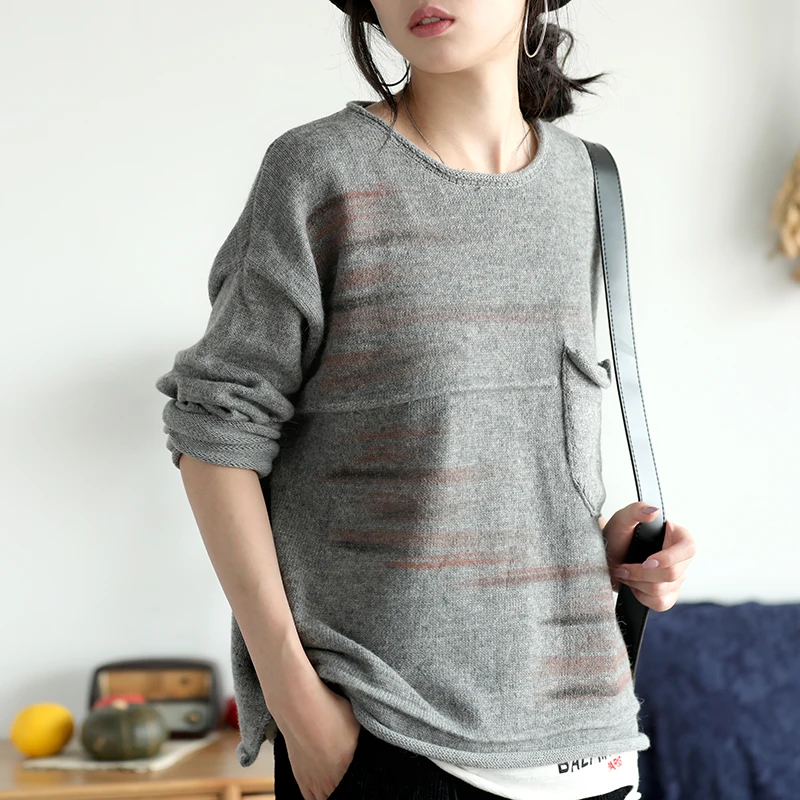 Autumn Sweater Women Retro Loose Knitting Casual Pullovers New Ladies Tops O-Neck Pocket Pocket All-match Sweater