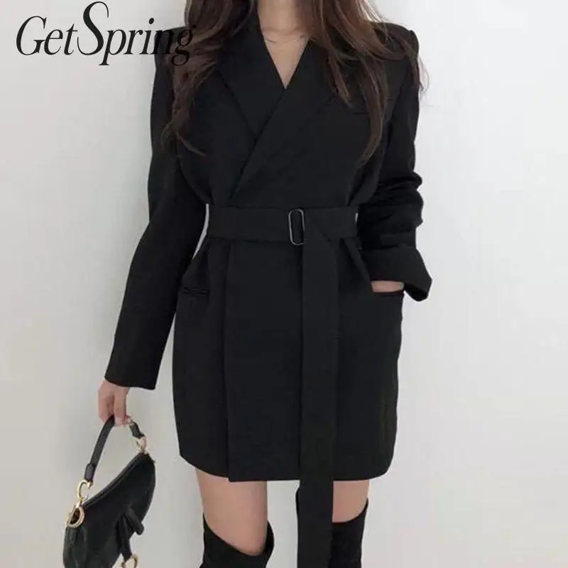 

GetSpring Women Blazer Long Sleeve Lace Up Women's Slim Suit Jacket Temperament Blazer Jacket Retro Long Woman Coat Autumn 2019