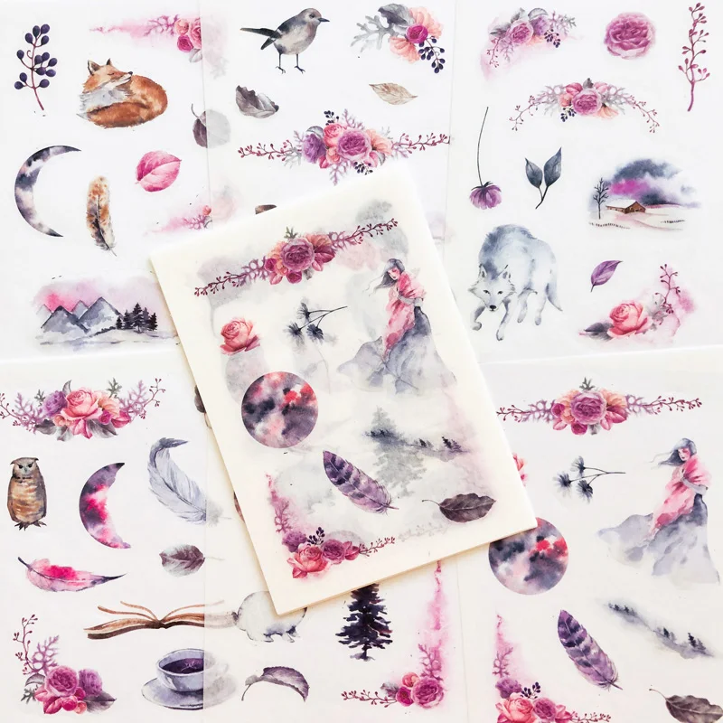 6 Sheets Ink Feathers Fox Mystery Forest Paper Diary Sticker Adhesive Stick Label Hand Account Decoration afbeelding