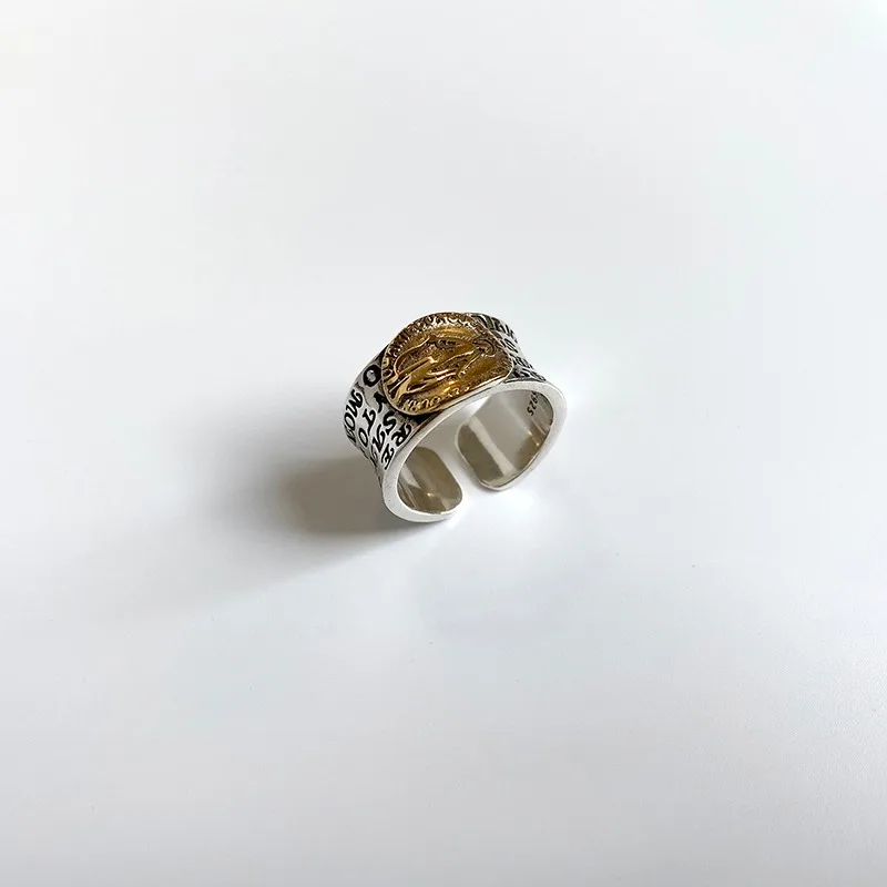 925 Sterling Silver Letter Engraving Band Maria Figure Ring for Female Ins Minimalist Vintage Silver Open Ring
