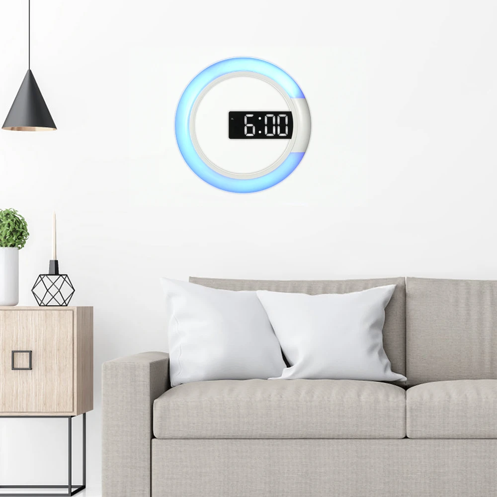 

Hot Digital Alarm Clock LED Wall Mirror Alarm Clock Temperture Display USB Changeable RGB Color Light Round Clock Snooze Functio