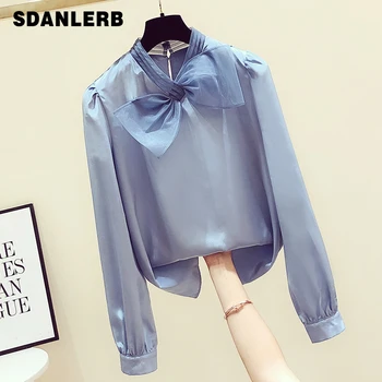 

2019 Autumn Bow Shirt for Women New Korean Neckline Bow Long Sleeve Shirts Ladies Casual Chiffon Blouse Blusas Student Wear