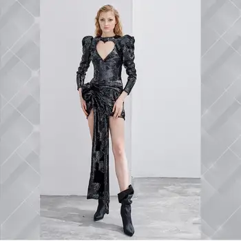 

Deep V-neck Long sleeve Backless Sequined Elegant Sashes Mini Dress Night Club Sexy Women celebrity body con dresses wholesale