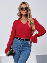 

Red Blouse Women V Neck 2022 Stylish Long Flare Sleeve Top Loose Casual Outfits For Ladies Aesthetic Clothing Soft Comfortable