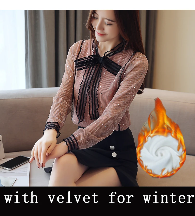 plus size tops fashion woman blouses winter warm thick chiffon lace blouse shirt long sleeve women shirts blusas femininas - Цвет: pink with velvet