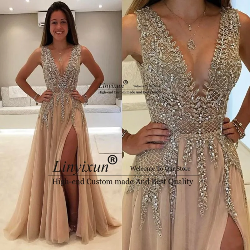 as pic Стиль бисером Длинные Выпускные платья vestidos de gala сексуальные спинки v-образным вырезом Тюль праздничный официальный Вечерний платья для женщин - Цвет: as pic