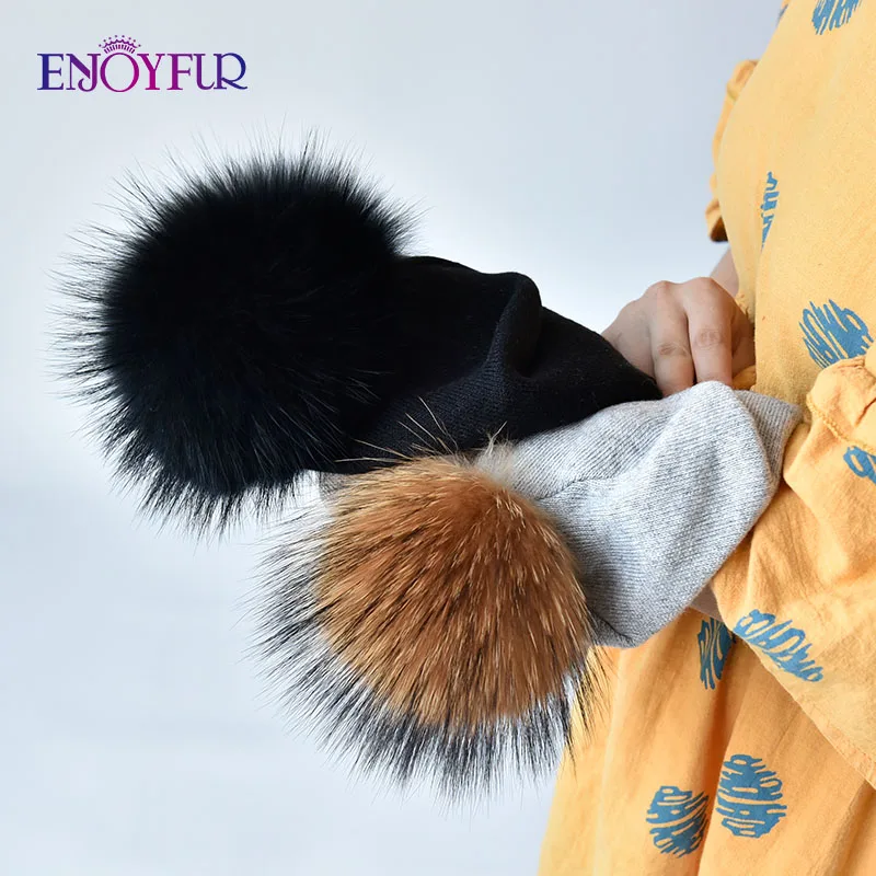 ENJOYFUR Winter women real fur pom pom hats wool knitted thick warm lined beanies hat lady fashion bobble ski caps 6