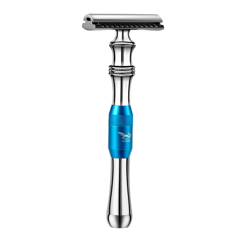 Blue Razor Безопасная бритва с двумя краями, Классическая бритва с длинной ручкой, серебристый цвет, 1 ручка и 10 лезвий, Мужская Ручная бритва, бритвенный нож - Цвет: Blue Razor