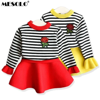 

2019 Autumn New Girls Sweater Set Striped Rose Top Skirt 2 Piece Set Long Sleeve Knit Sweater Set Boutique Brand