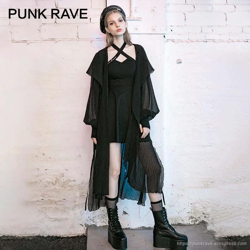 PUNK RAVE Girl's Gothic Black Long Coat with Detachable Sashes Fashion Casual Spring Autumn Women Clothes | Женская одежда