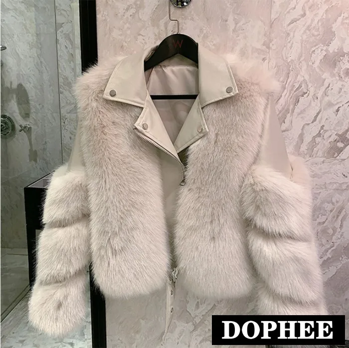 

Short Leather Motorcycle PU Leather Jacket Women Fashion Winter Imitation Fox Fur Coat Warm Short Fur Coats Female Outwear