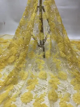 

beautiful 3d flowers embroidered French net lace fabric yellow African mesh lace fabric with sequins for dress 7colors FZZ473