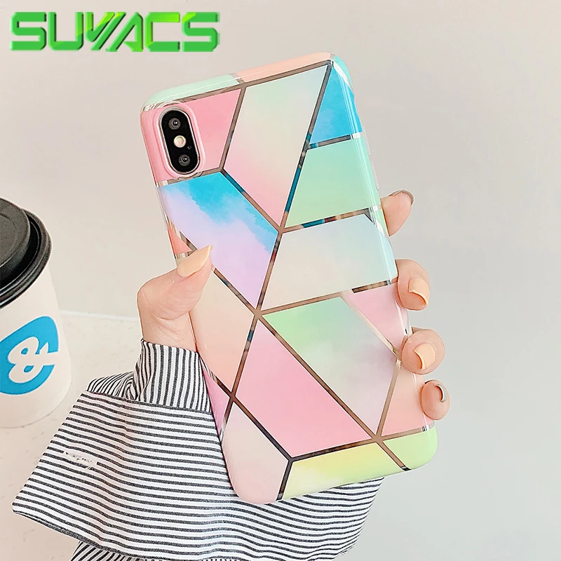 

SUYACS Dream Rainbow Electroplated Marble Phone Case For iPhone XR XS Max 6 6S 7 8 Plus X Geometric Soft IMD Phone Housing Bag