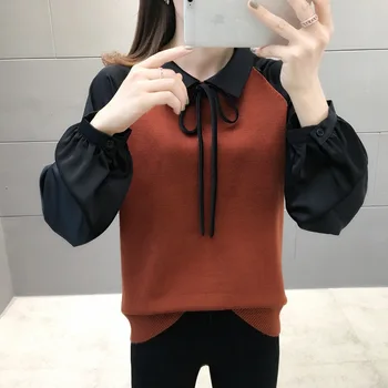 

2019 New Autumn Women's Blouse Pullover Quilted Collar Patchwork Raglan Sleeve Bowtie Sweater Fake Two Piece Knit Sweater