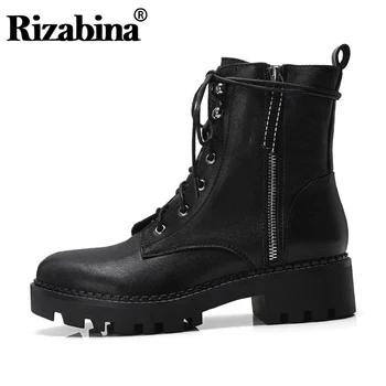 

RIZABINA Real Leather Women Ankle Boots Fashion Cross Strap Zip Winter Shoes Women Retro Fashion Platform Footwear Size 34-39