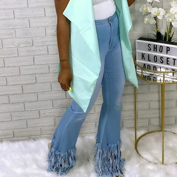

African Women Tassel Pants Blue High Waist Flare Pants Jeans 2020 Casual Slim Long Female Pants Trousers Summer