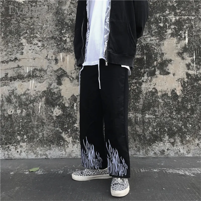Lychee, Harajuku, с принтом пламени, женские штаны, эластичная талия, высокая талия, широкие, женские брюки, повседневные, свободные, весна, осень, для девушек