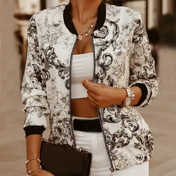 

New Jacket Women Autumn Long Sleeve Vintage Floral Coat Women Casual O Neck Zipper Bomber Jackets Ladies Outwear Veste Femme