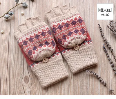 vb 02 beige red Зимние перчатки, Женские варежки, теплые перчатки без пальцев, шерстяные, бархатные, утепленные, теплые, открытые, перчатки для пальцев, зимняя Дамская Варежка - Цвет: vb 02 beige red