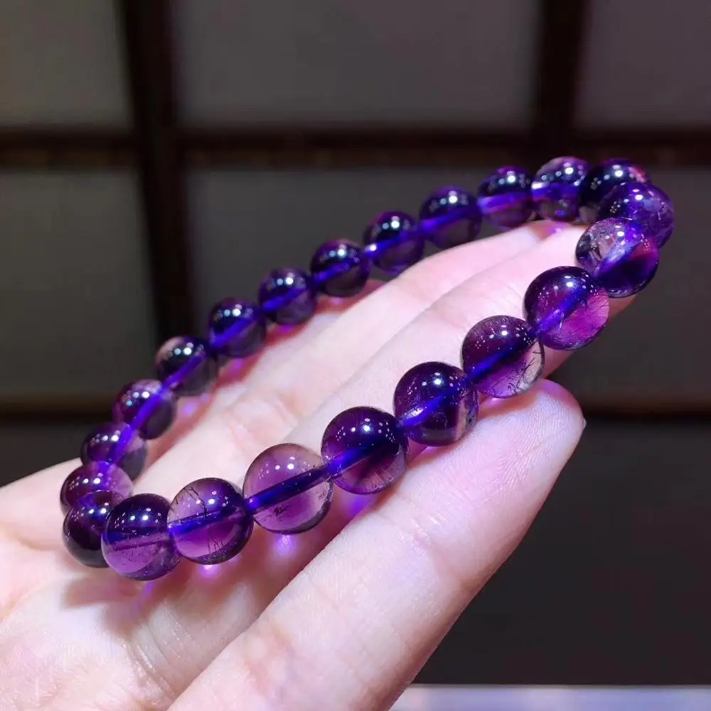 

Genuine Natural Purple Super Seven 7 Melody Stone Rutilated Quartz Bracelet 8.5mm Crystal Round Beads Women Certificate AAAAA