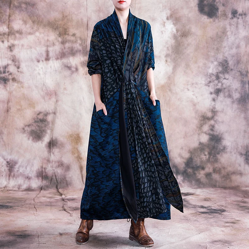 

Johnature 2019 Autumn Vintage Women Clothes New V-Neck Long Sleeve Plus Size Dresses Print Floral Pockets Long Women Dress