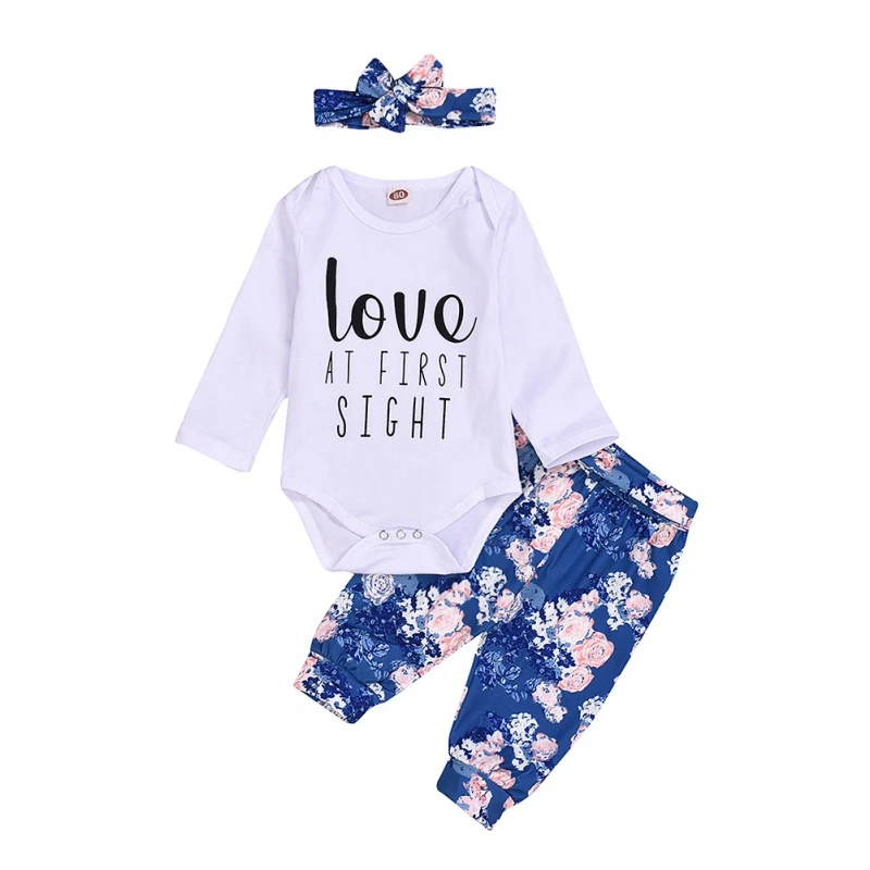 

FAutumn Baby Girl Clothes Set 3PCS Long Sleeve Letters Print Romper Tops Floral Trousers Headband Outfits Baby Clothes