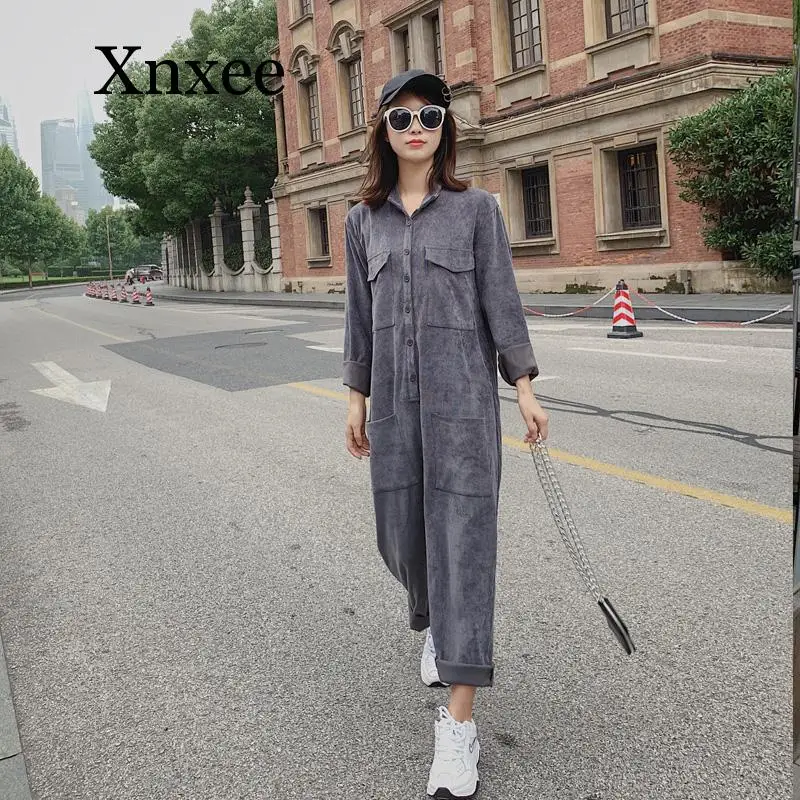 

Spring And Autumn Pregnant Women Jumpsuits With Pockets Long Loose Casual Maternity Corduroy Overalls Plus Size Trousers Grey