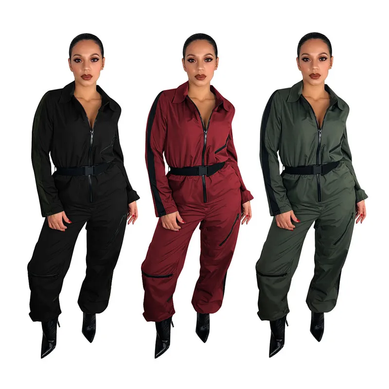Осенний женский комбинезон с отложным воротником, на молнии, с длинным рукавом, в полоску, с поясом, длинные штаны, комбинезоны, комбинезоны, Женские повседневные Комбинезоны