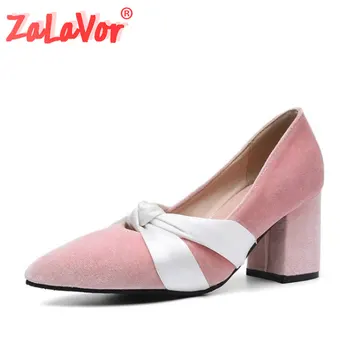 

ZALAVOR 2020 Women Pumps Pointed Toe Thick Heel Suede Leather Elegant Shoes Slip On Black Female Footwear Pink Size 32-43