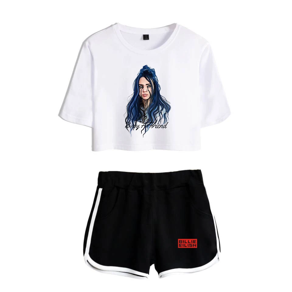 Billie Eilish короткая футболка для девочек+ черные сексуальные трендовые шорты Billie Eilish женская футболка Последняя мода горячая Распродажа комплектов