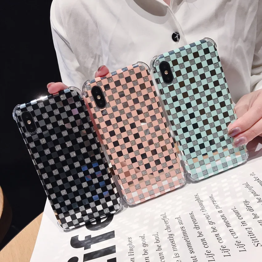 

Anti-knock Transparent Angle Protection For iPhone 6 6s 7 8 Plus X XS Max XR Case Cover Lattice Glitter Cases Funda Coque