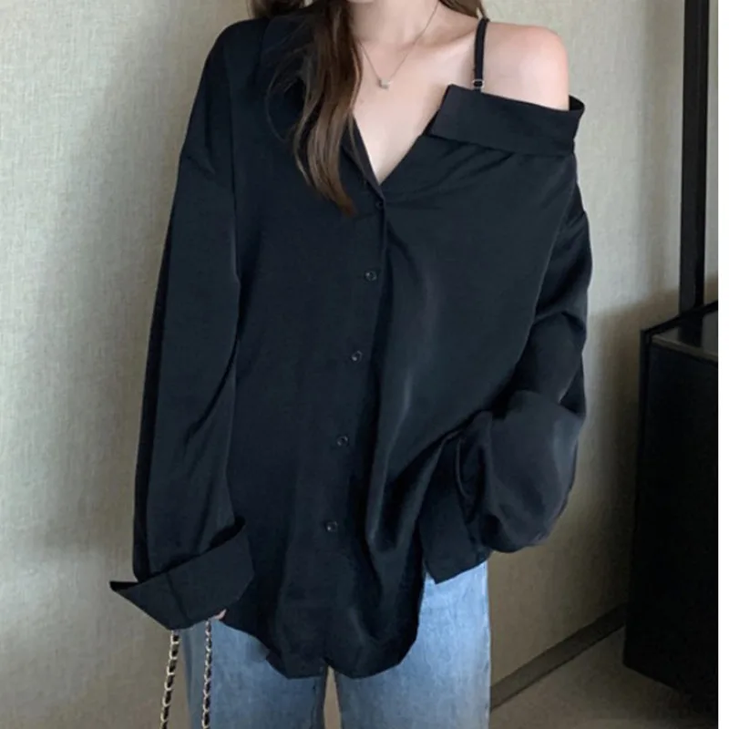 Женская рубашка с открытыми плечами Белый Топ длинным рукавом свободного покроя