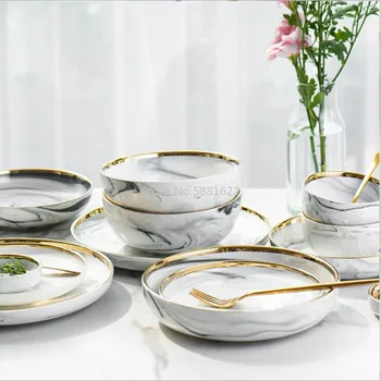 

Gold Marble Dinner Plate Set Ceramic Kitchen Plate Tableware Set Food Dishes Rice Salad Noodles Bowl Soup Kitchen Cook Tool 1pc