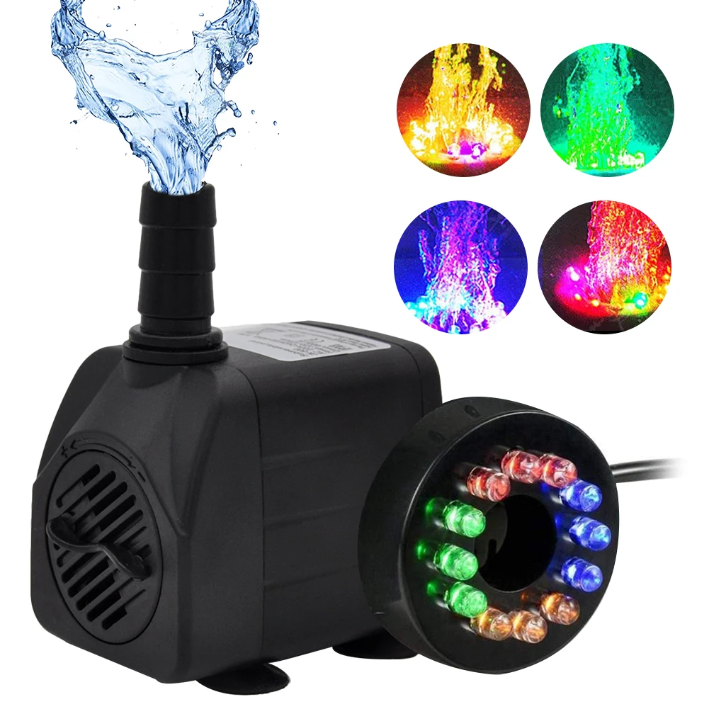 Small Aquarium Air Pump Aquarium Accessories Ultra Quiet Submerged Water Fountain Pump With 12 Color LED Light 220V EU Plug