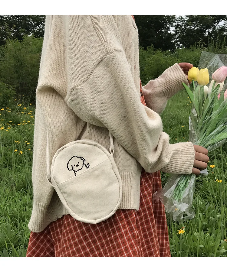 Дизайн, новая женская сумка-мессенджер, модная парусиновая сумка на плечо с вышивкой щенка, Повседневная овальная мини-сумка