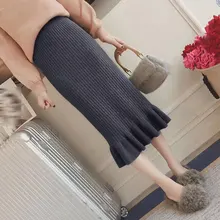 Женская Осенняя трикотажная юбка миди в стиле русалки, высокая талия, теплая, элегантная, с оборками, Вязанная, в рубчик, юбки для женщин, зима, юбки для вечеринок